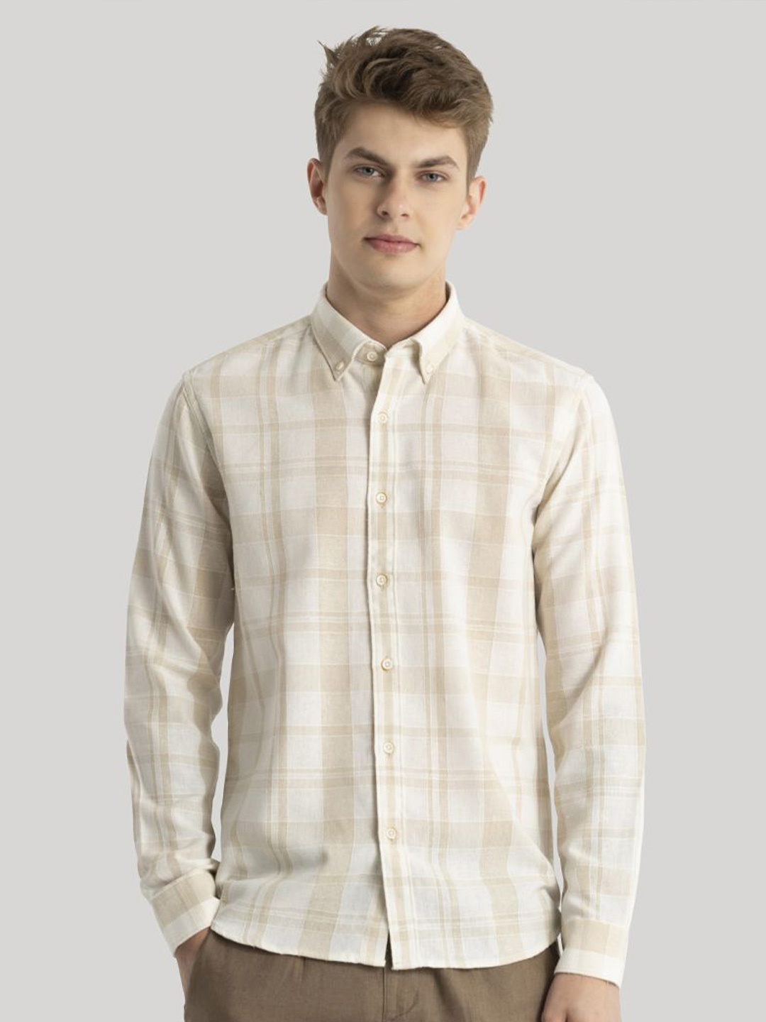 

Snitch Men Classic Button-Down Collar Checked Slim Fit Casual Shirt, Cream