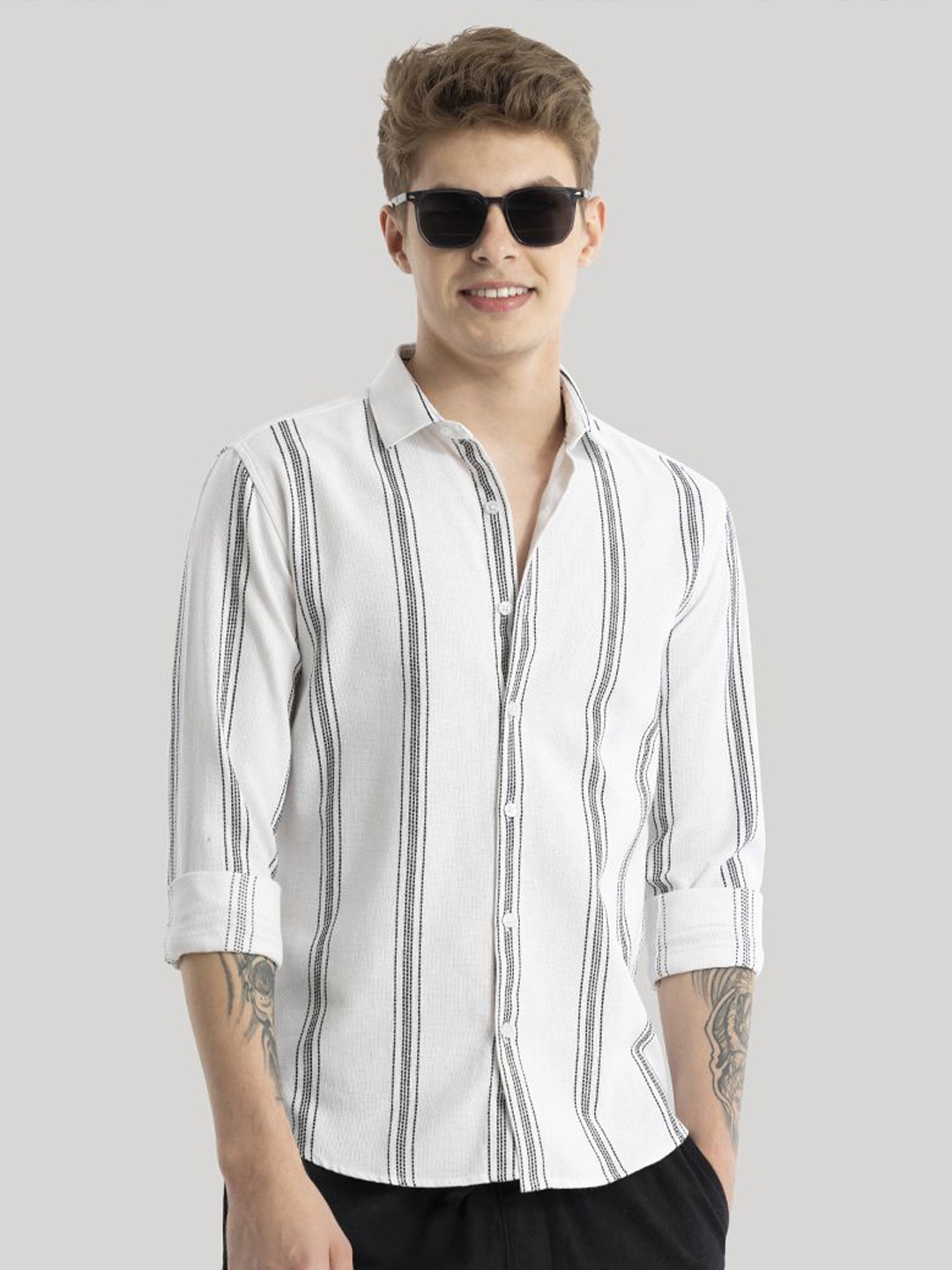 

Snitch Men Classic Slim Fit Opaque Striped Casual Shirt, White