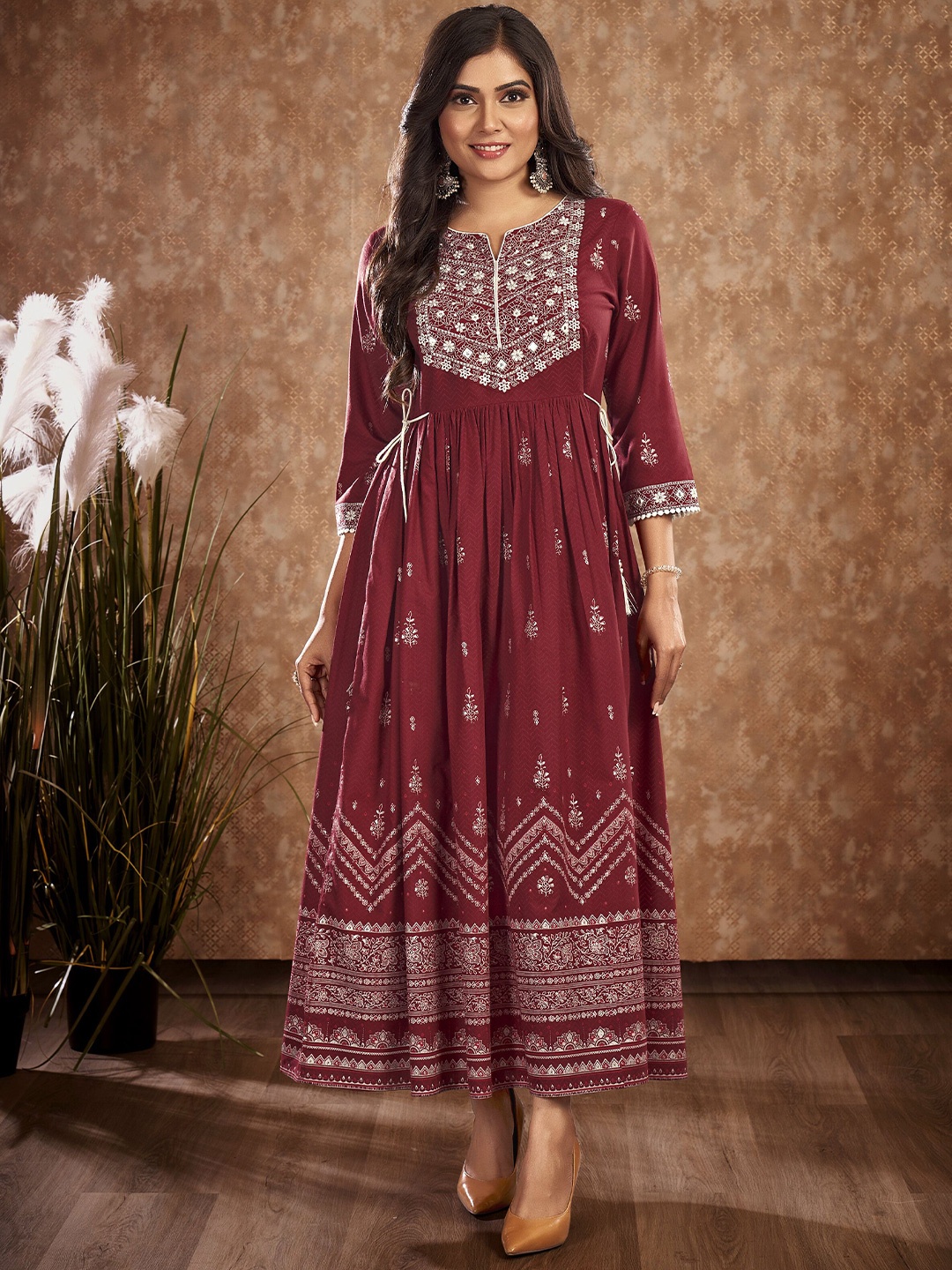 

IWUMAN Ethnic Motifs Printed A-Line Maxi Dress, Maroon