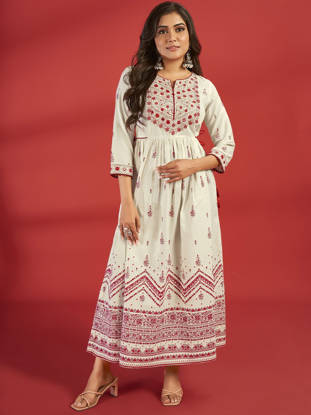 

IWUMAN Ethnic Motifs Printed Embroidered Fit and Flare Dress, Cream