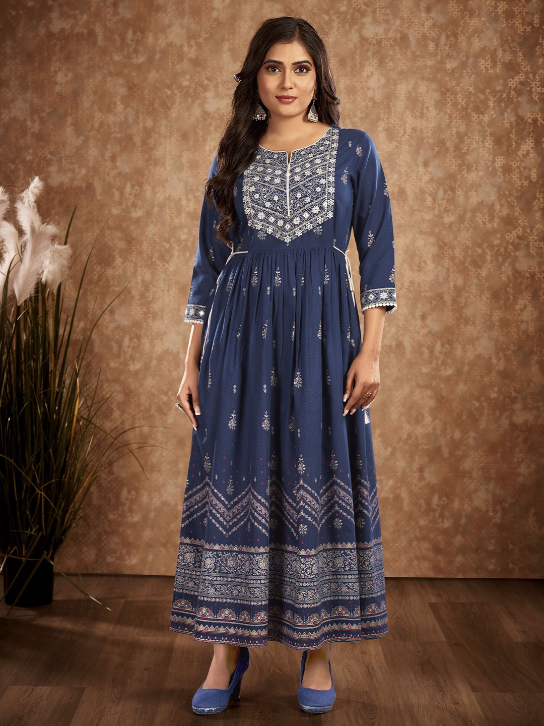 

IWUMAN Ethnic Motifs Print Embroidered A-Line Midi Dress, Blue