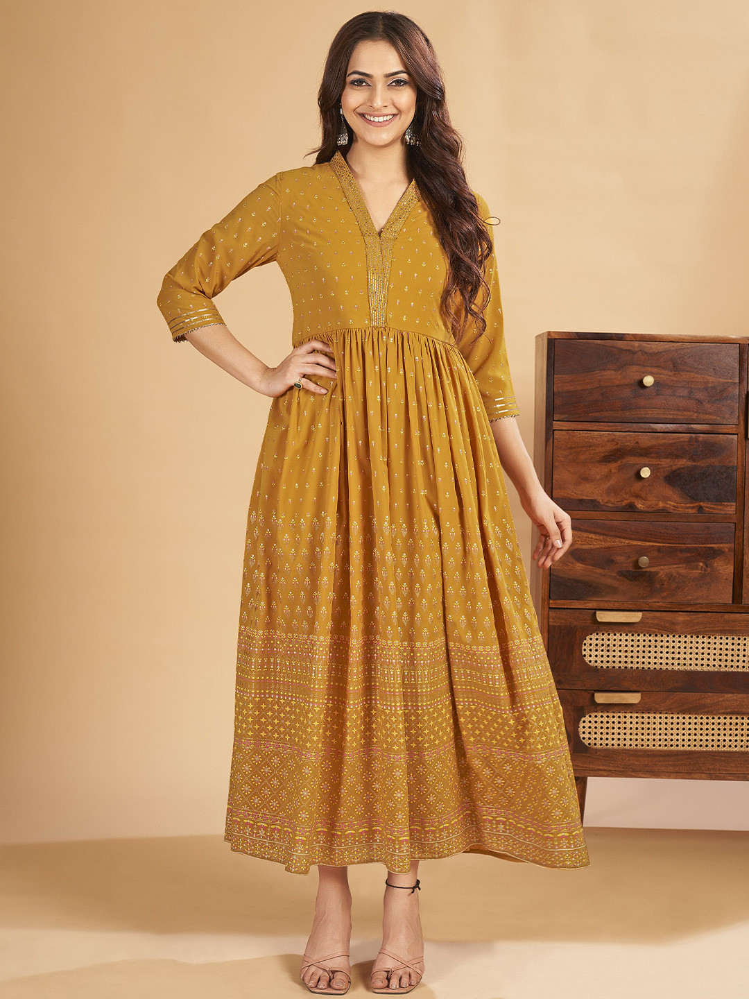 

IWUMAN Floral Printed Georgette Maxi Ethnic Dress, Yellow