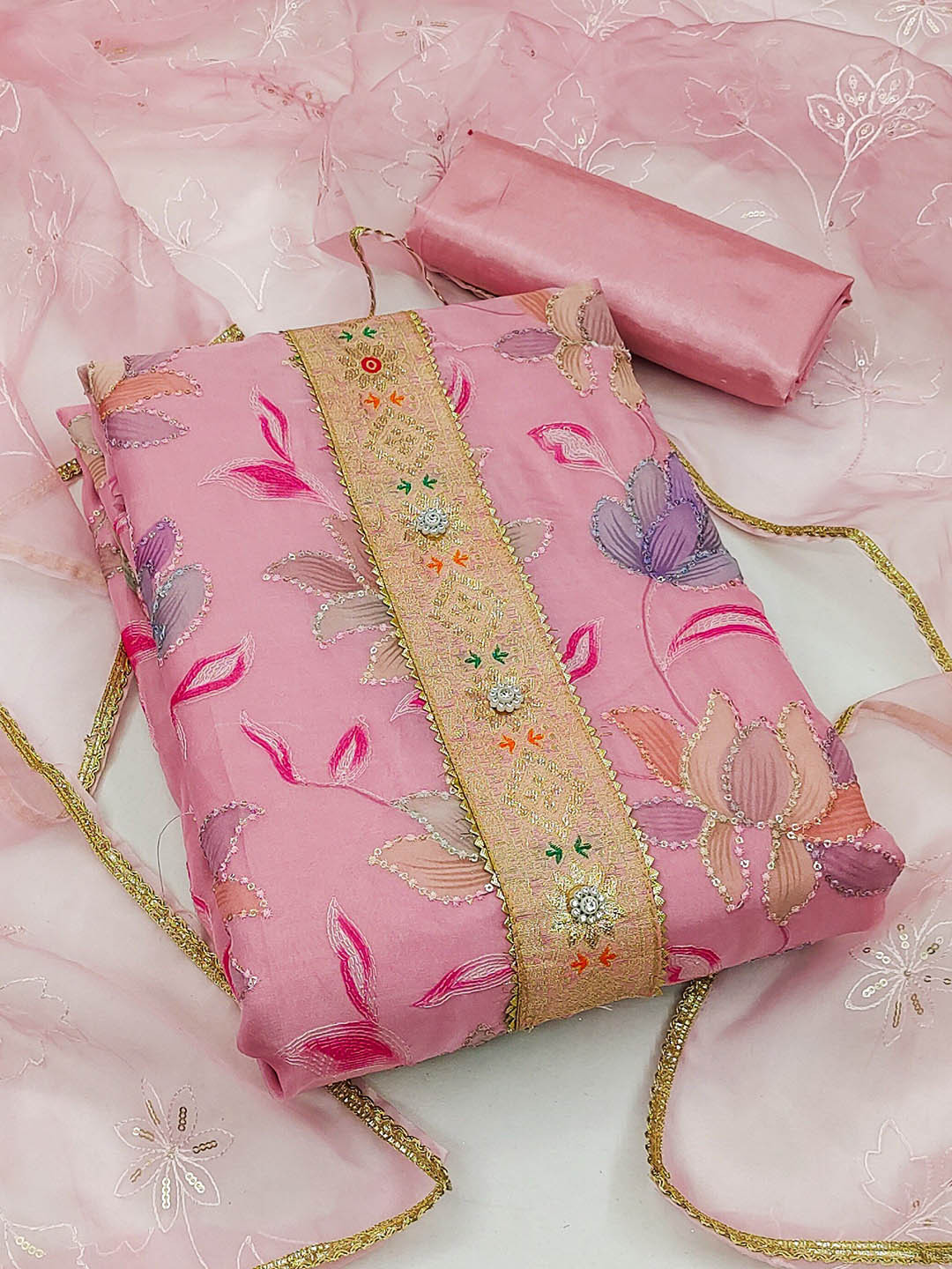 

MAHALASA Floral Embroidered Sequinned Unstitched Dress Material, Pink