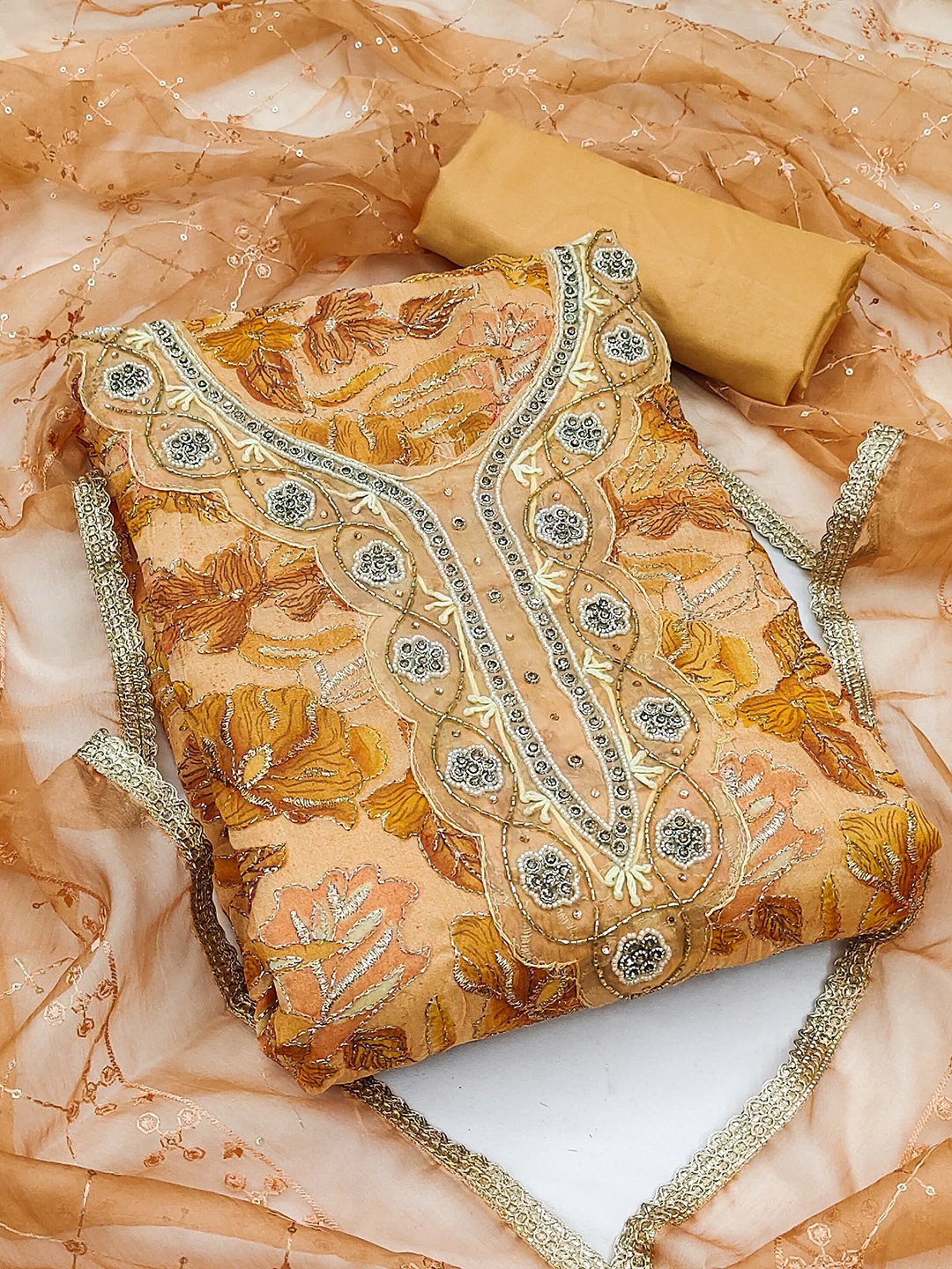 

MAHALASA Floral Embroidered Unstitched Dress Material, Yellow