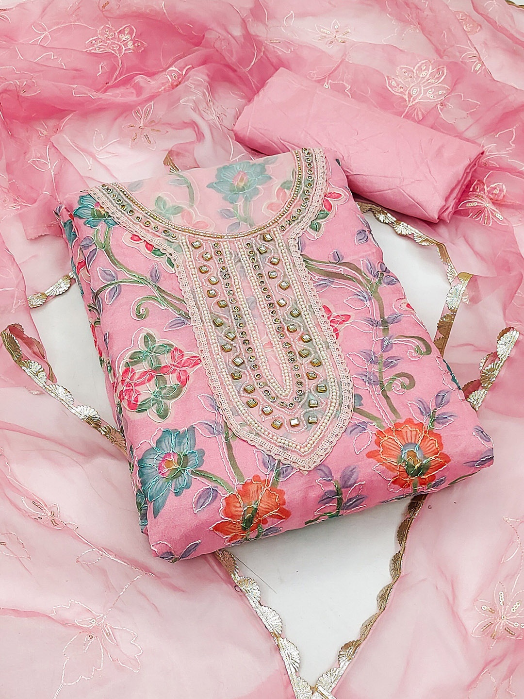 

MAHALASA Floral Embroidered Unstitched Dress Material, Pink
