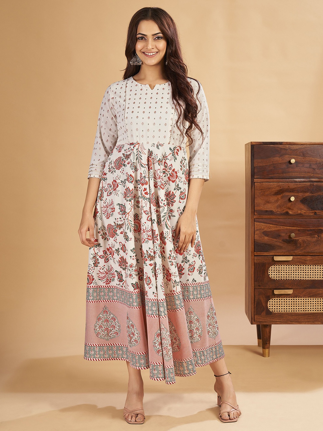

IWUMAN Ethnic Motifs Printed Georgette Fit & Flare Midi Dress, Cream