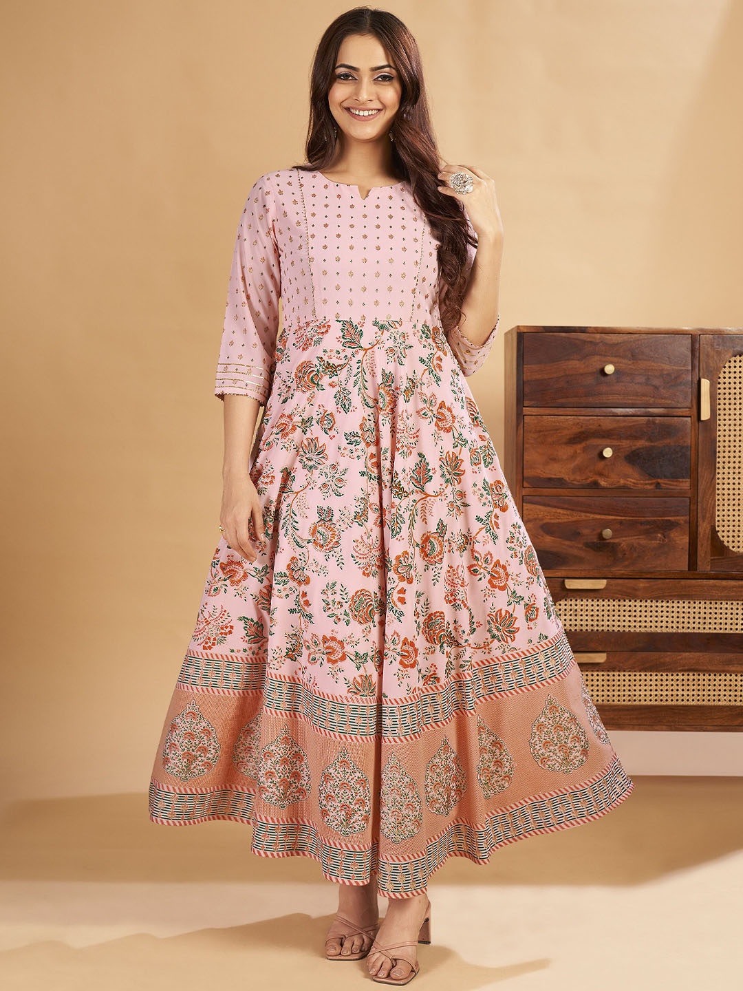 

IWUMAN Women Ethnic Motif Printed Round Neck Georgette Maxi Dress, Pink
