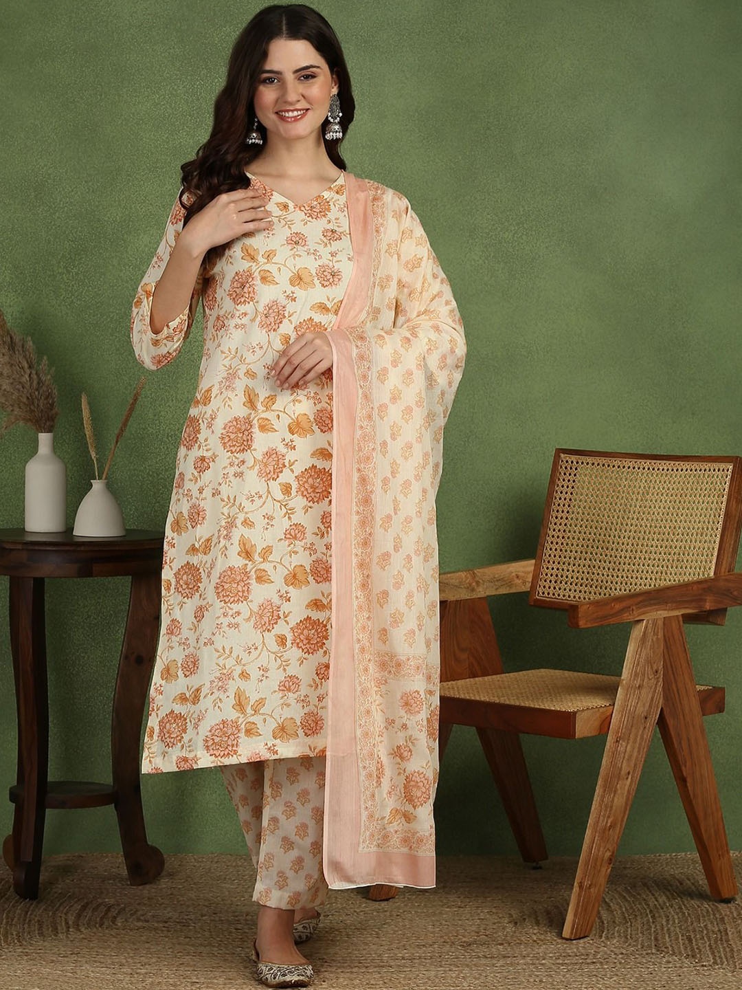 

Sangria Floral Printed Mirror Work Pure Cotton Straight Kurta With Trouser & Dupatta, Off white