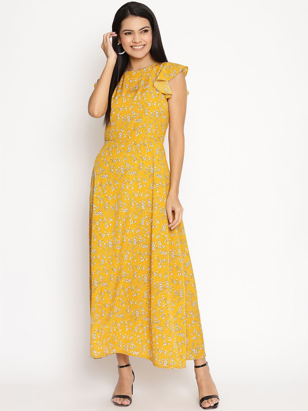 

HOUSE OF KKARMA Floral Printed Flutter Sleeve Maxi Dress, Yellow