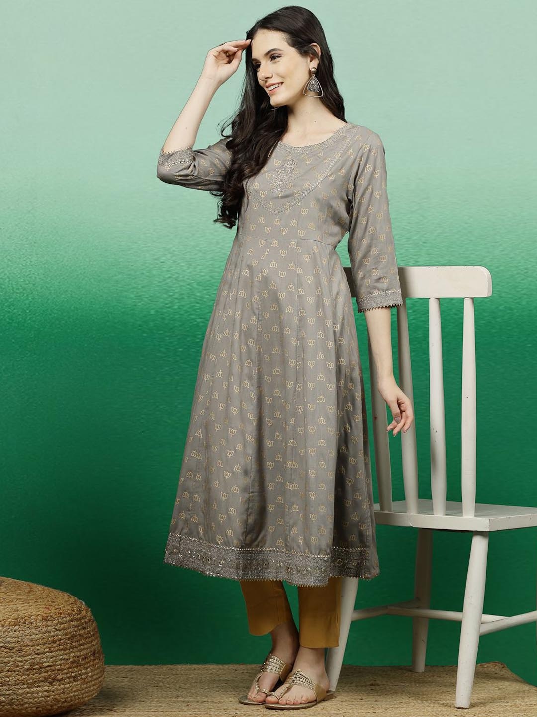 

Sangria Grey Floral Printed Thread Work Anarkali Kurta