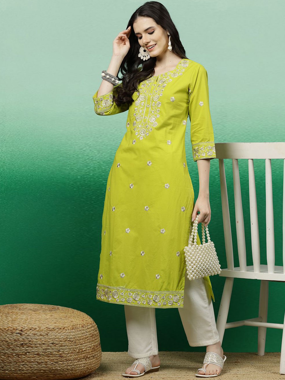 

Sangria Lime Green Floral Embroidered Pure Cotton Straight Kurta