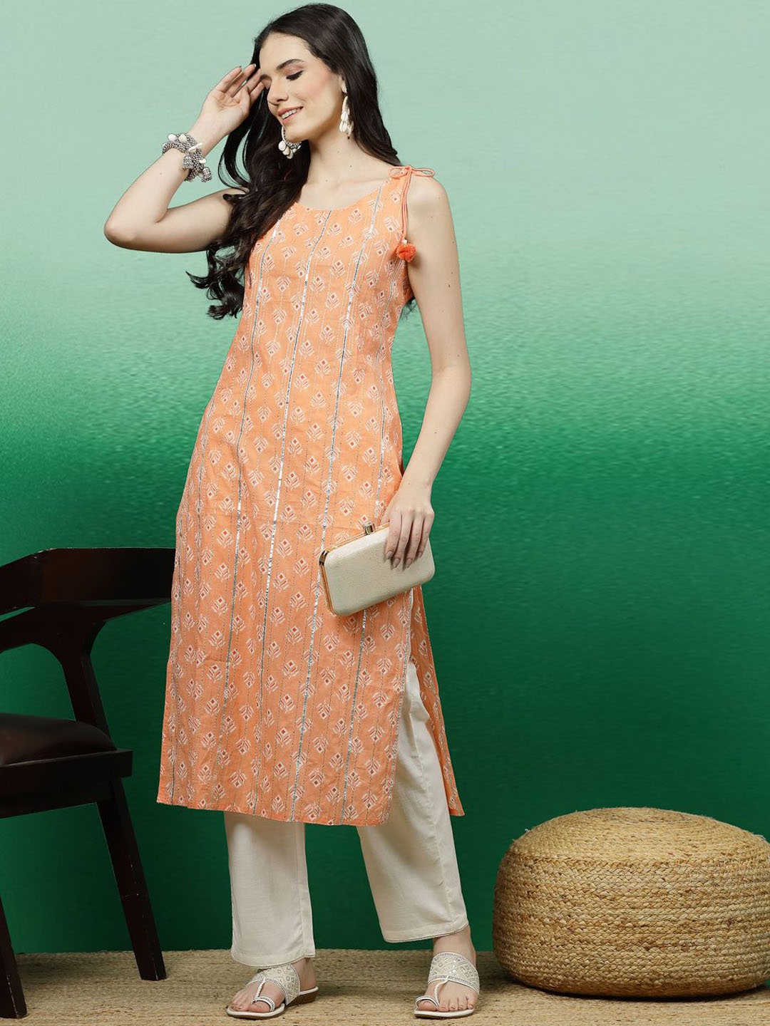 

Sangria Peach Coloured Floral Printed Pure Cotton Straight Kurta