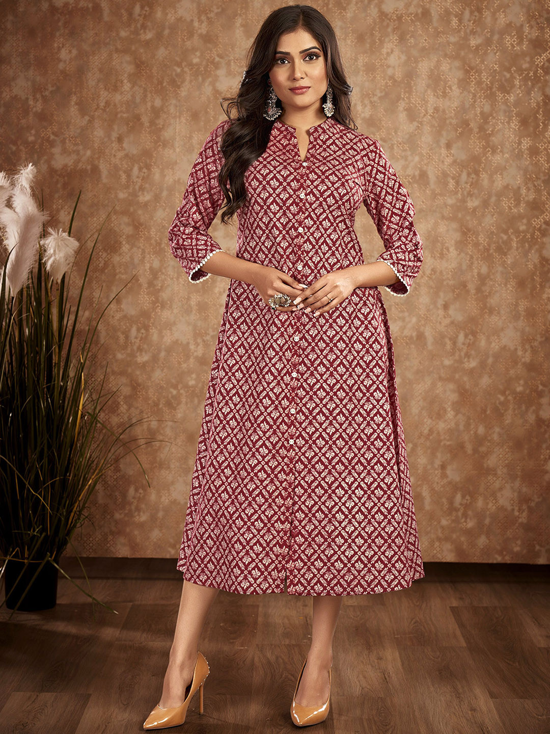

IWUMAN Ethnic Motifs Printed Mandarin Collar A-Line Kurta, Maroon