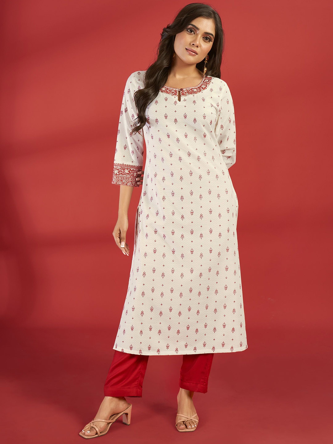

IWUMAN Women Ethnic Motifs Printed Thread Work Kurta, Off white