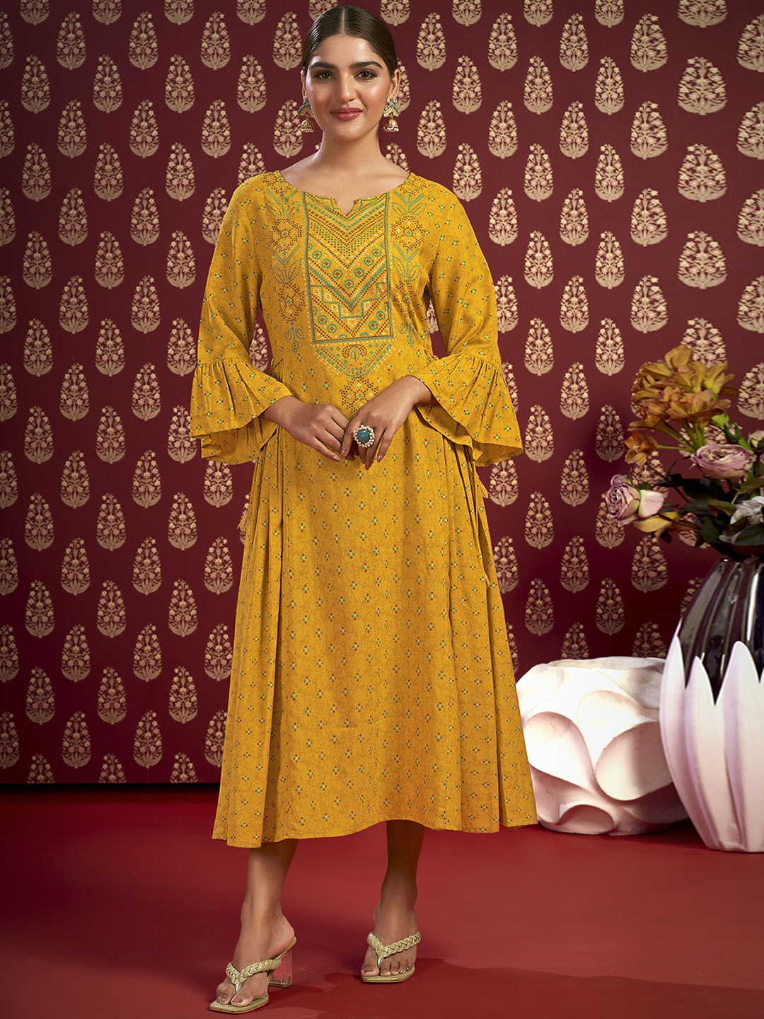 

IWUMAN Ethnic Motifs Printed Bell Sleeves Anarkali Kurta, Yellow