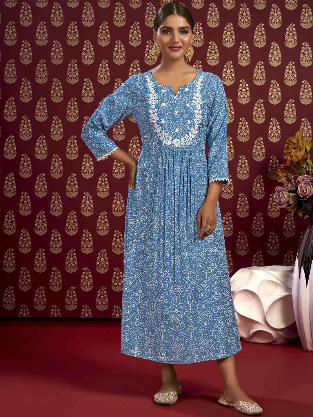 

IWUMAN Ethnic Motifs Printed Thread Work A-Line Kurta, Blue