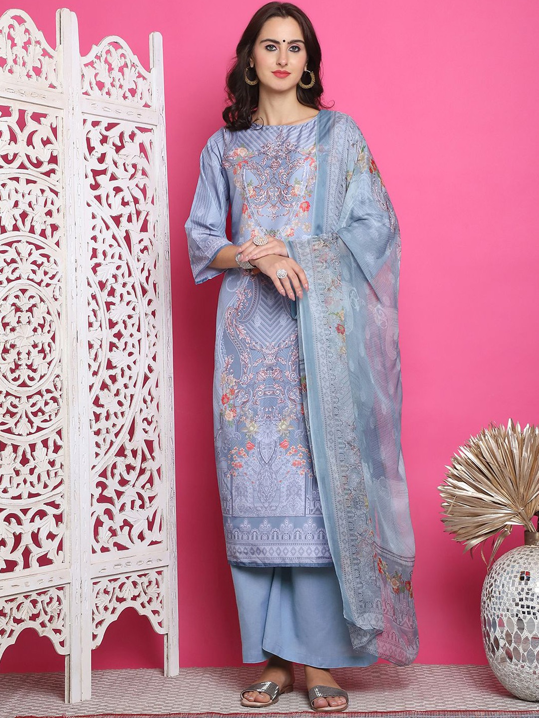 

Stylee LIFESTYLE Ethnic Motifs Digital Printed Satin Unstitched Dress Material, Blue