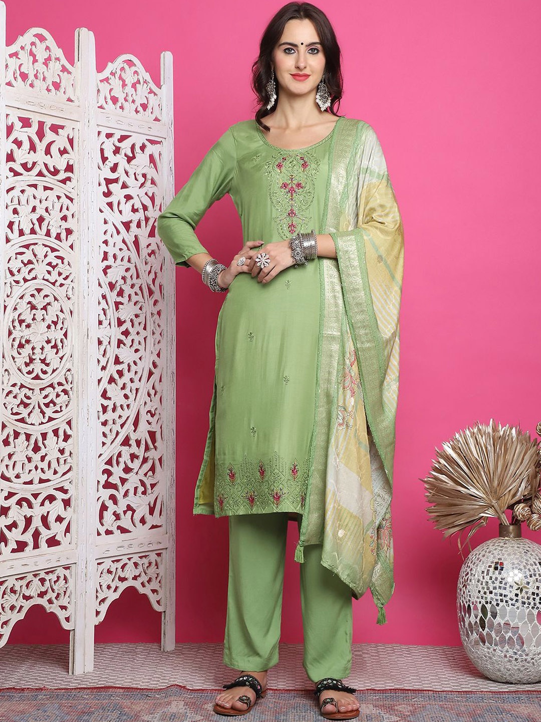 

Stylee LIFESTYLE Floral Embroidered Sequinned Pure Silk Unstitched Dress Material, Green
