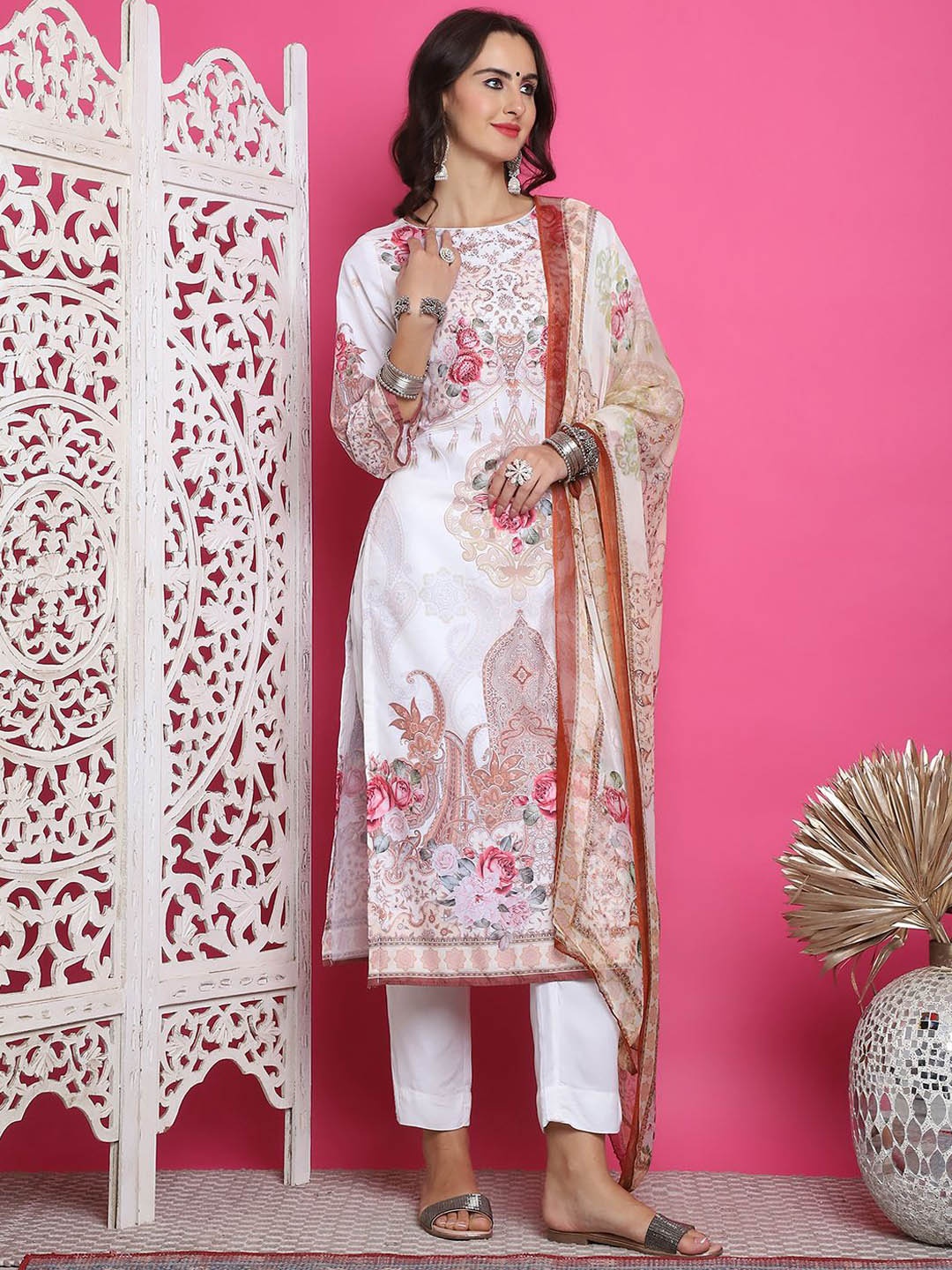 

Stylee LIFESTYLE Ethnic Motifs Digital Printed Satin Unstitched Dress Material, Cream