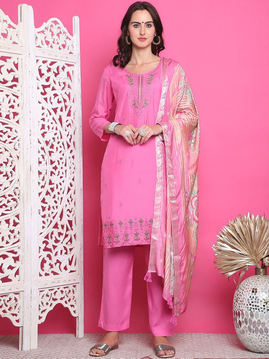 

Stylee LIFESTYLE Floral Embroidered Sequinned Pure Silk Unstitched Dress Material, Pink