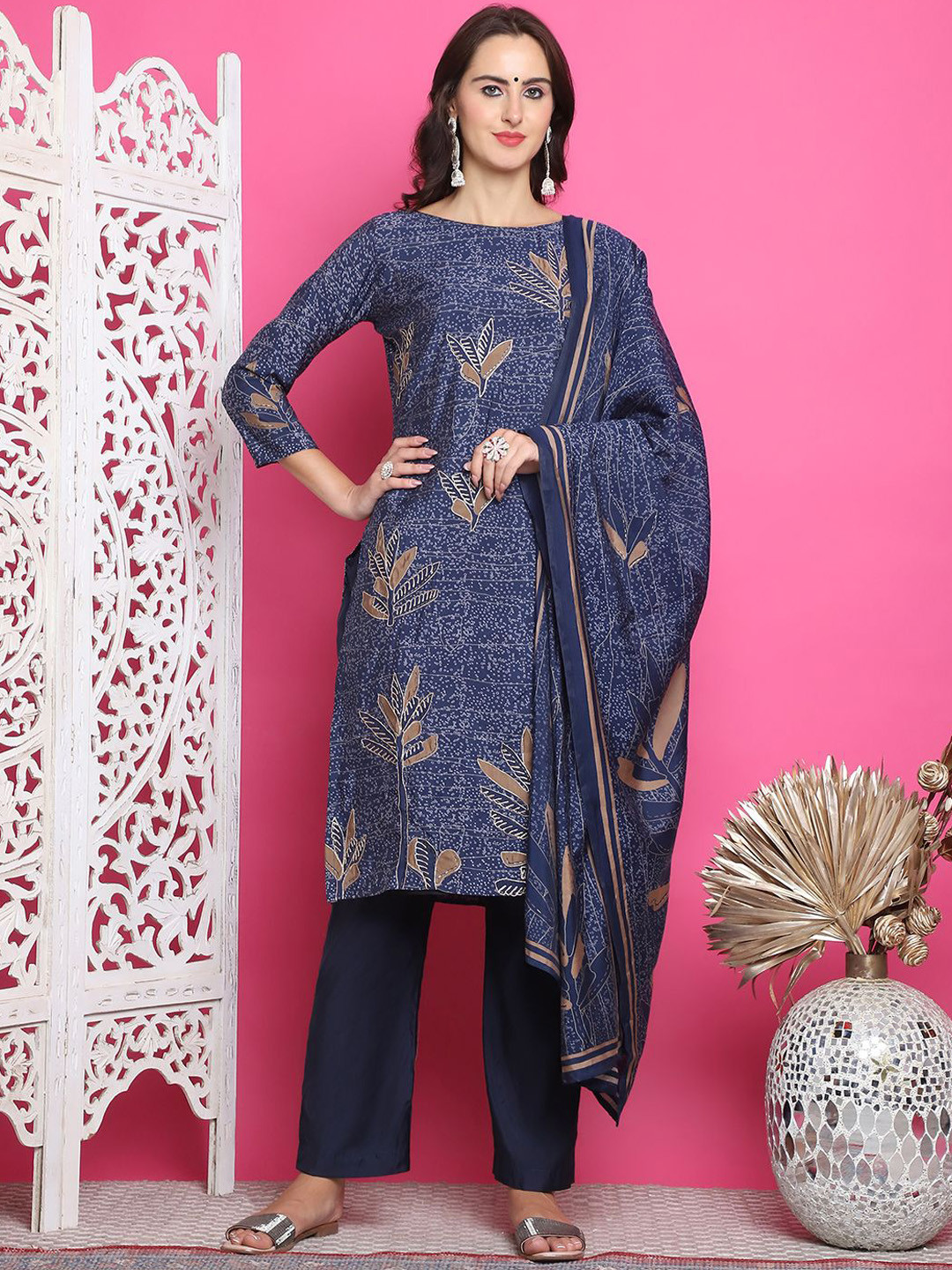 

Stylee LIFESTYLE Floral Digital Printed Pure Silk Unstitched Dress Material, Navy blue