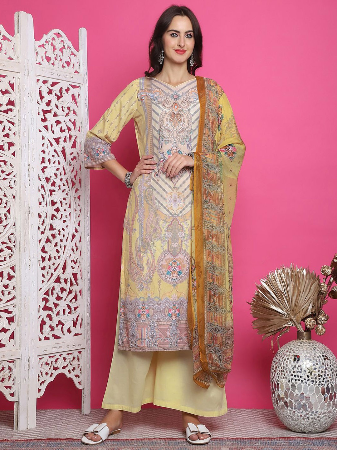 

Stylee LIFESTYLE Ethnic Motifs Digital Printed Satin Unstitched Dress Material, Yellow