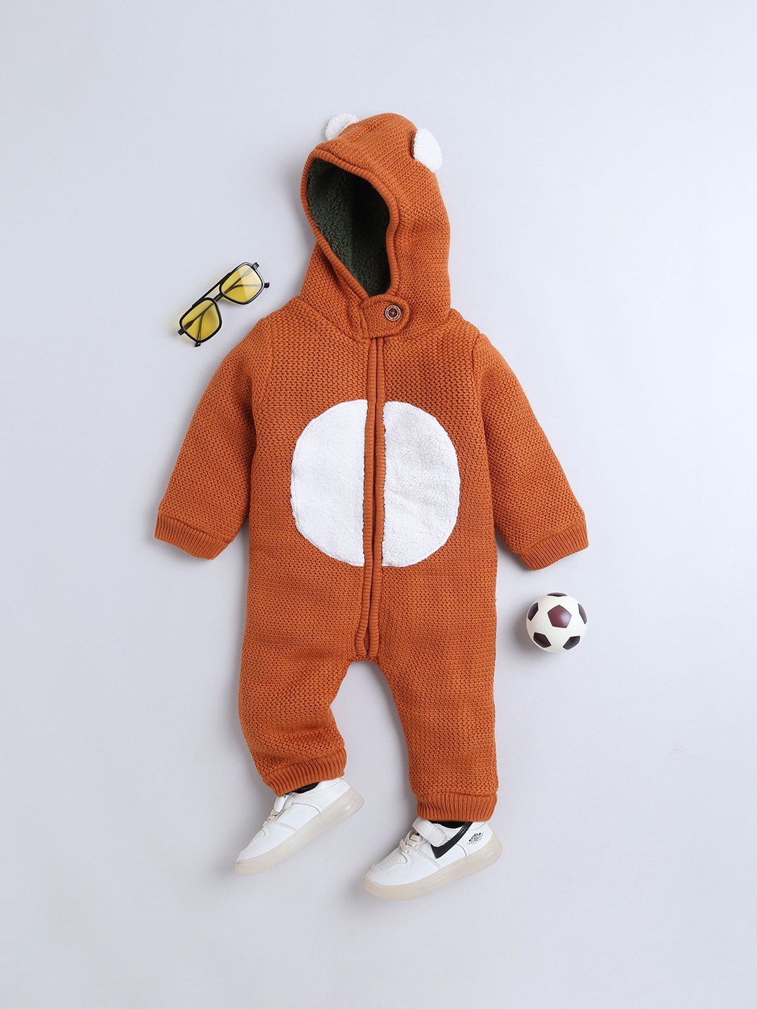 

Yellow Apple Infants Self-Design Hooded Neck Romper, Rust