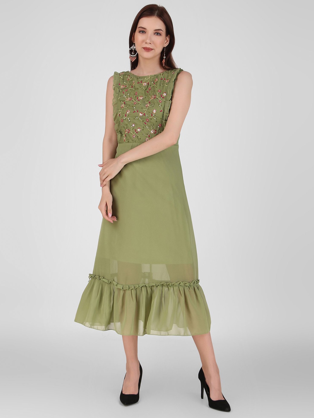 

FNOCKS Women Embroidery Boat Neck Georgette A-Line Midi Dress, Lime green