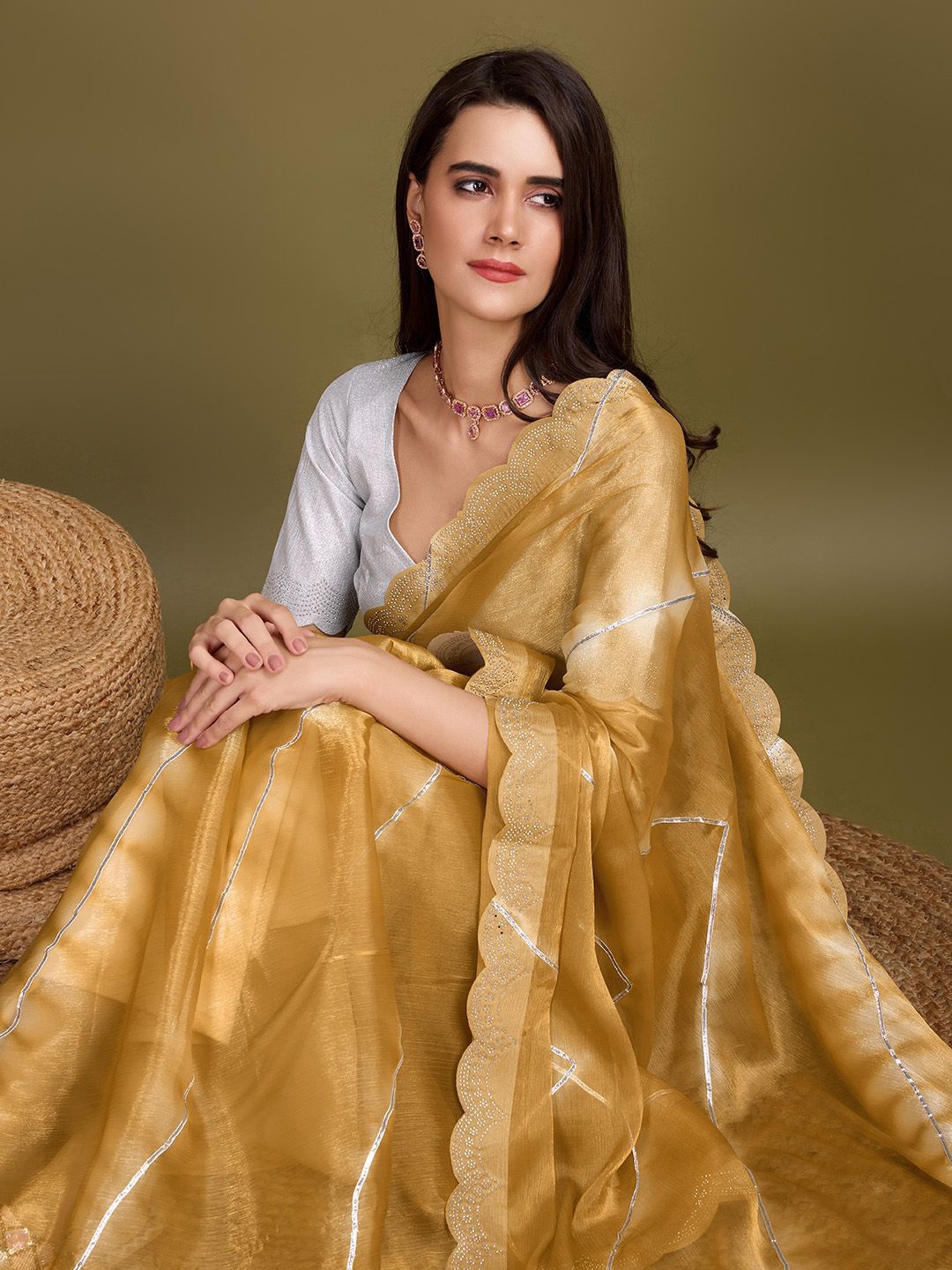 

Mitera Striped Gotta Patti Organza Saree, Yellow