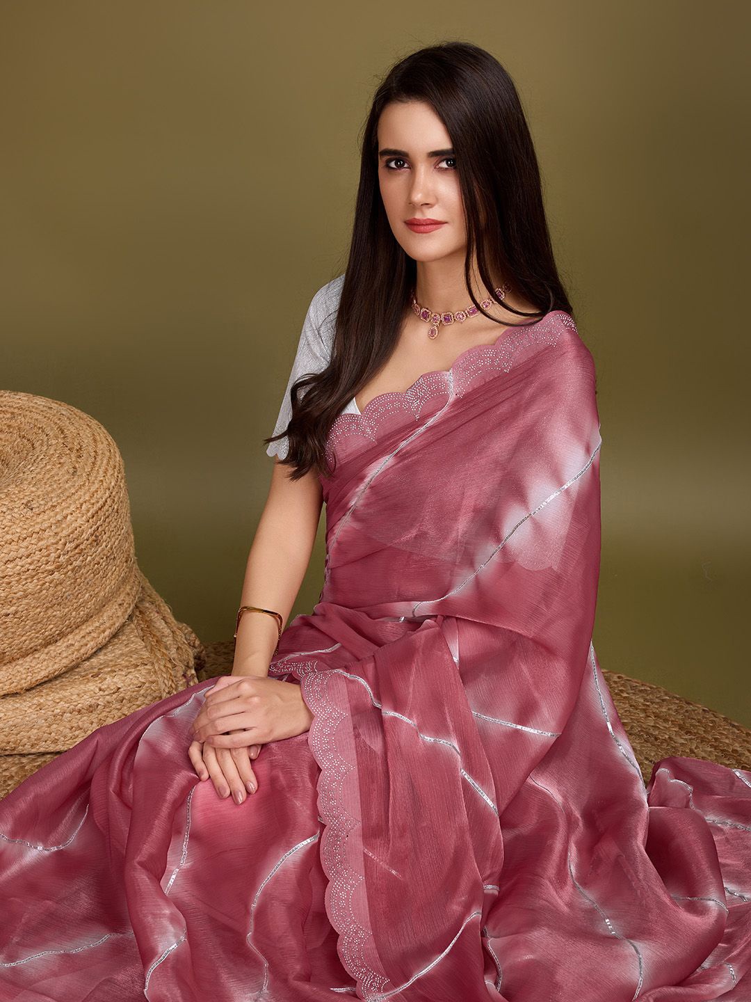 

Mitera Organza Tie and Dye Gotta Patti Embellished Party Celebrity Saree, Pink
