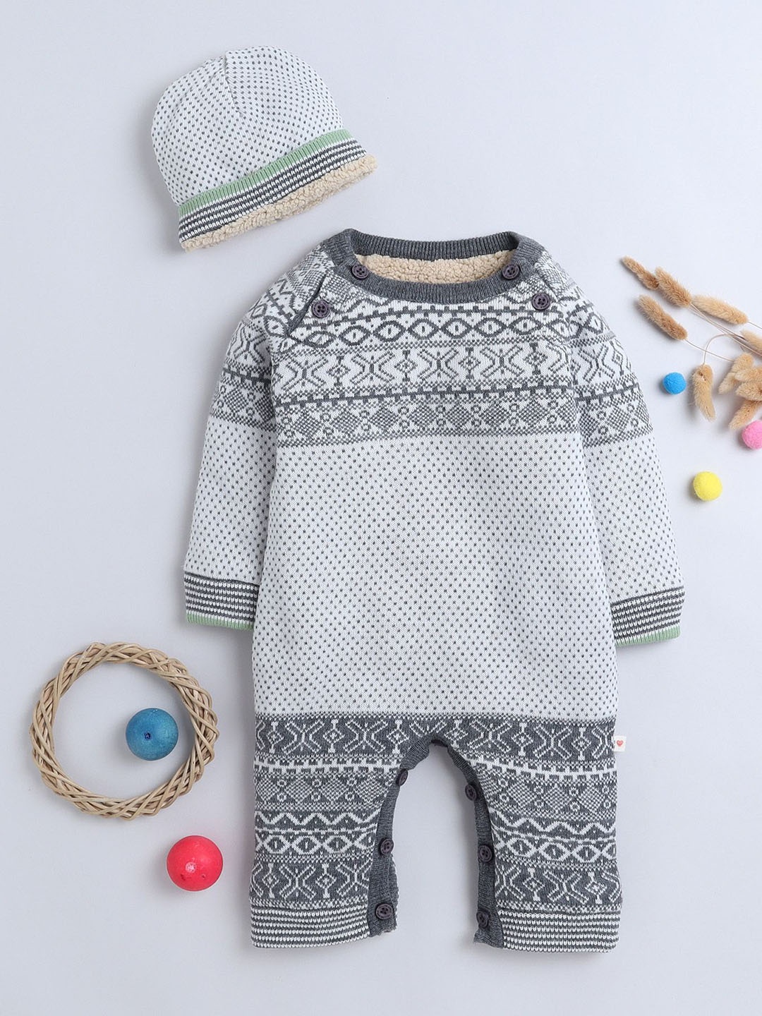 

Yellow Apple Infants Self-Design Round Neck Romper, Grey