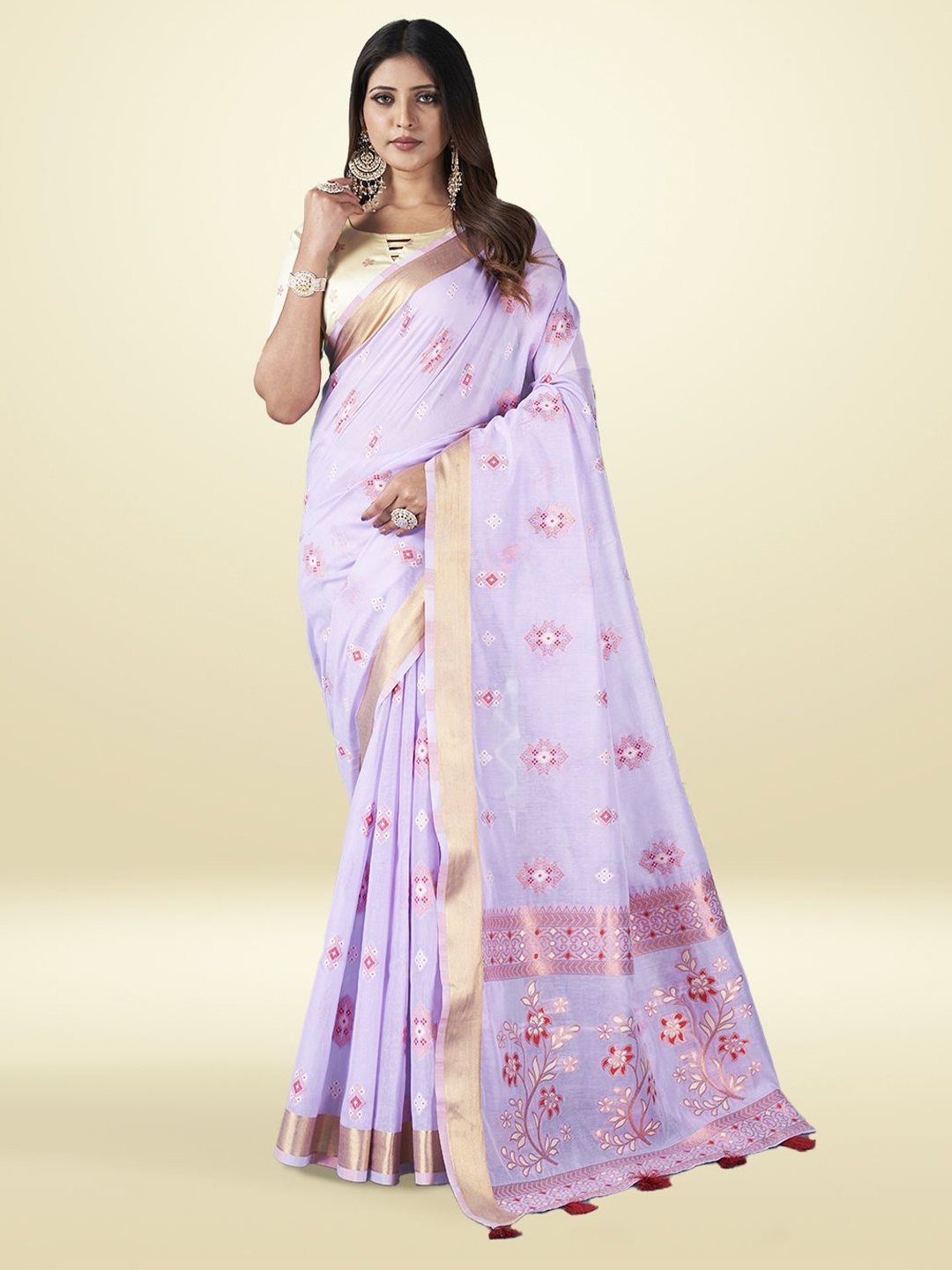 

Aura Ethnic Motifs Zari Woven Pure Cotton Tassel Saree, Lavender
