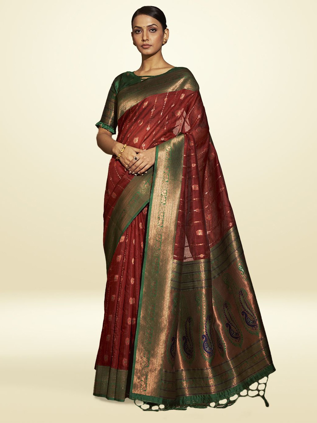 

Aura Pure Cotton Woven Design Zari Festive Saree, Red