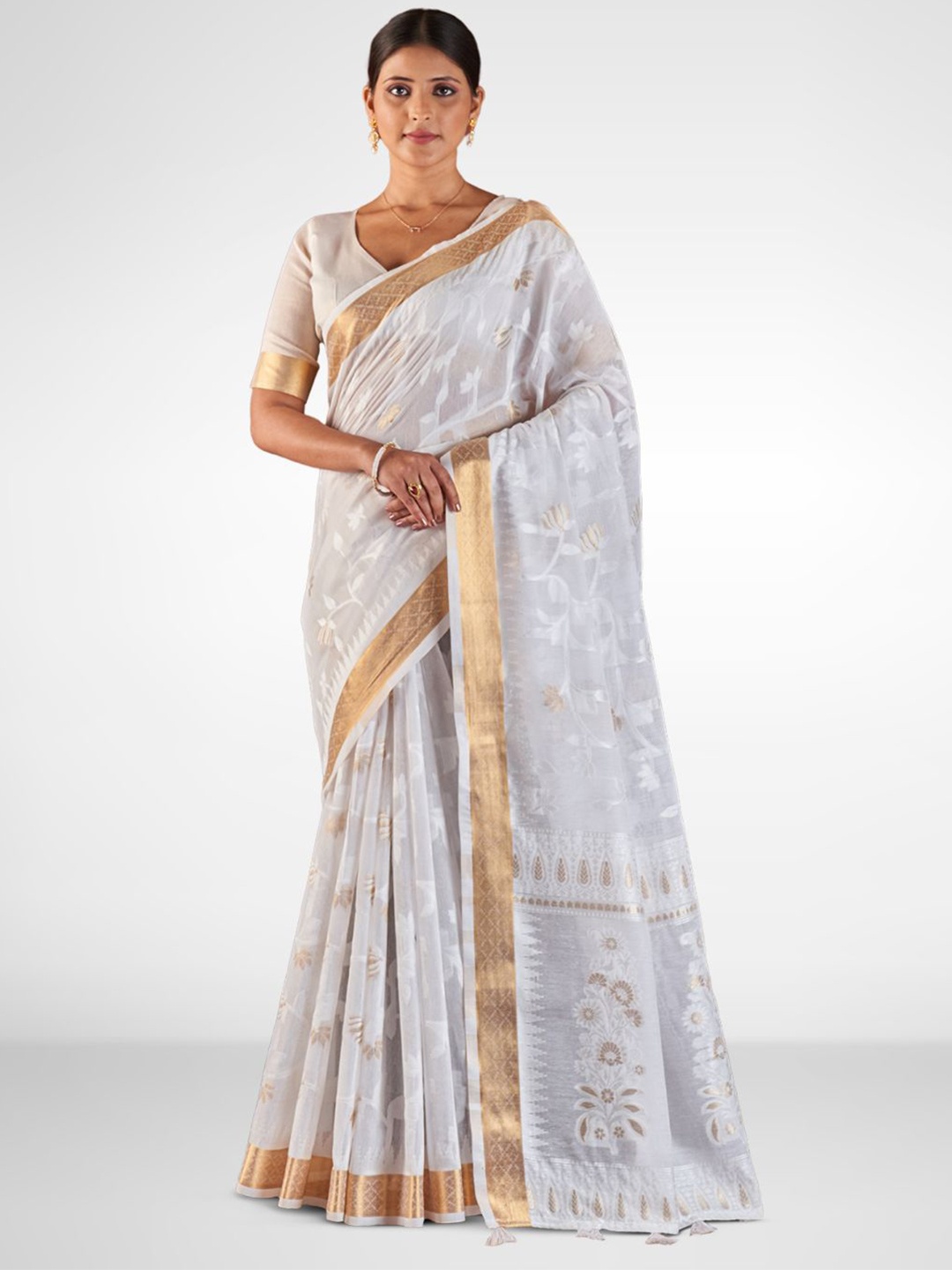 

Aura Woven Design Zari Pure Cotton Saree, White