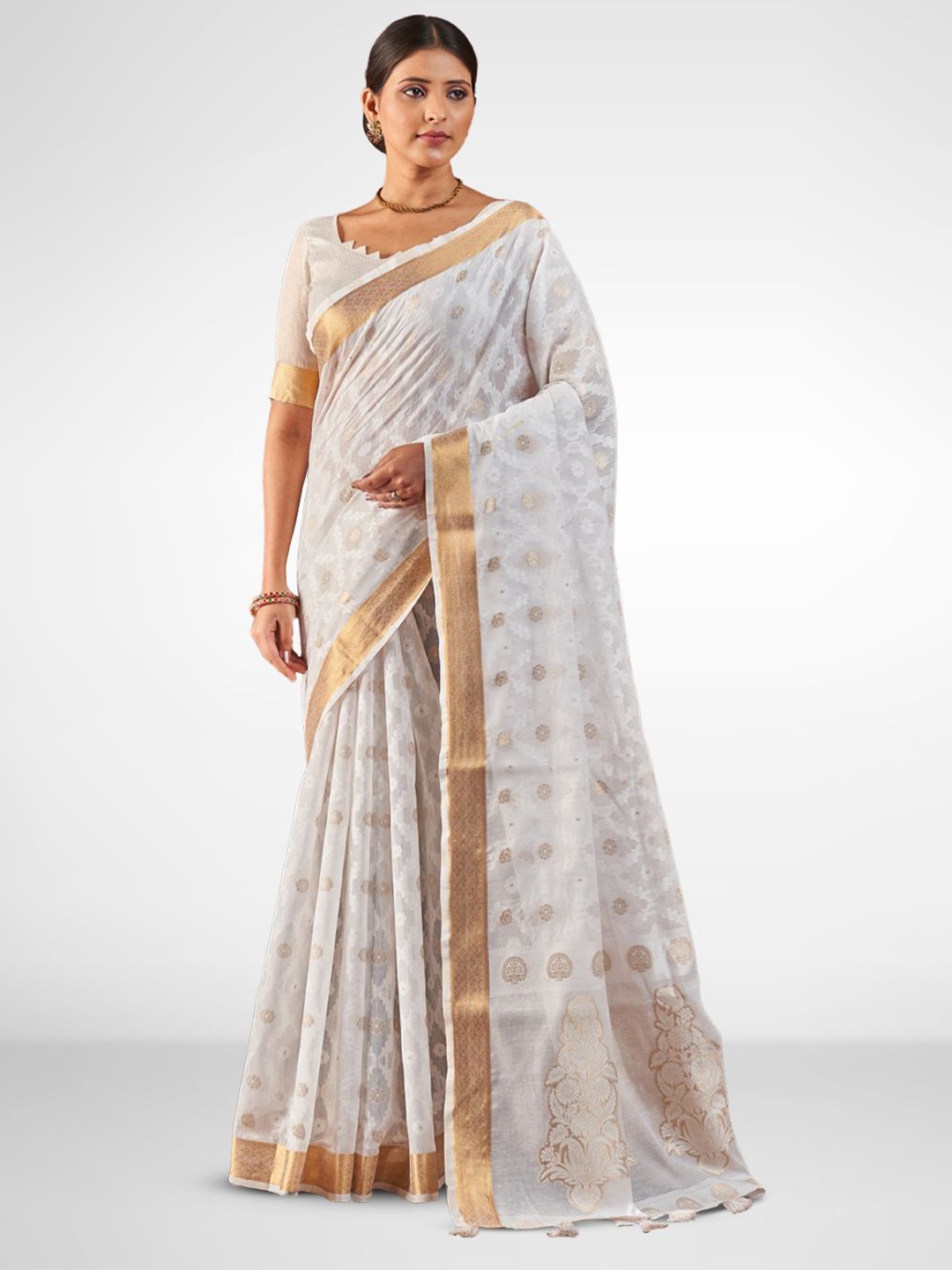 

Aura Pure Cotton Ethnic Motifs Zari Woven Design Festive Celebrity Saree, White