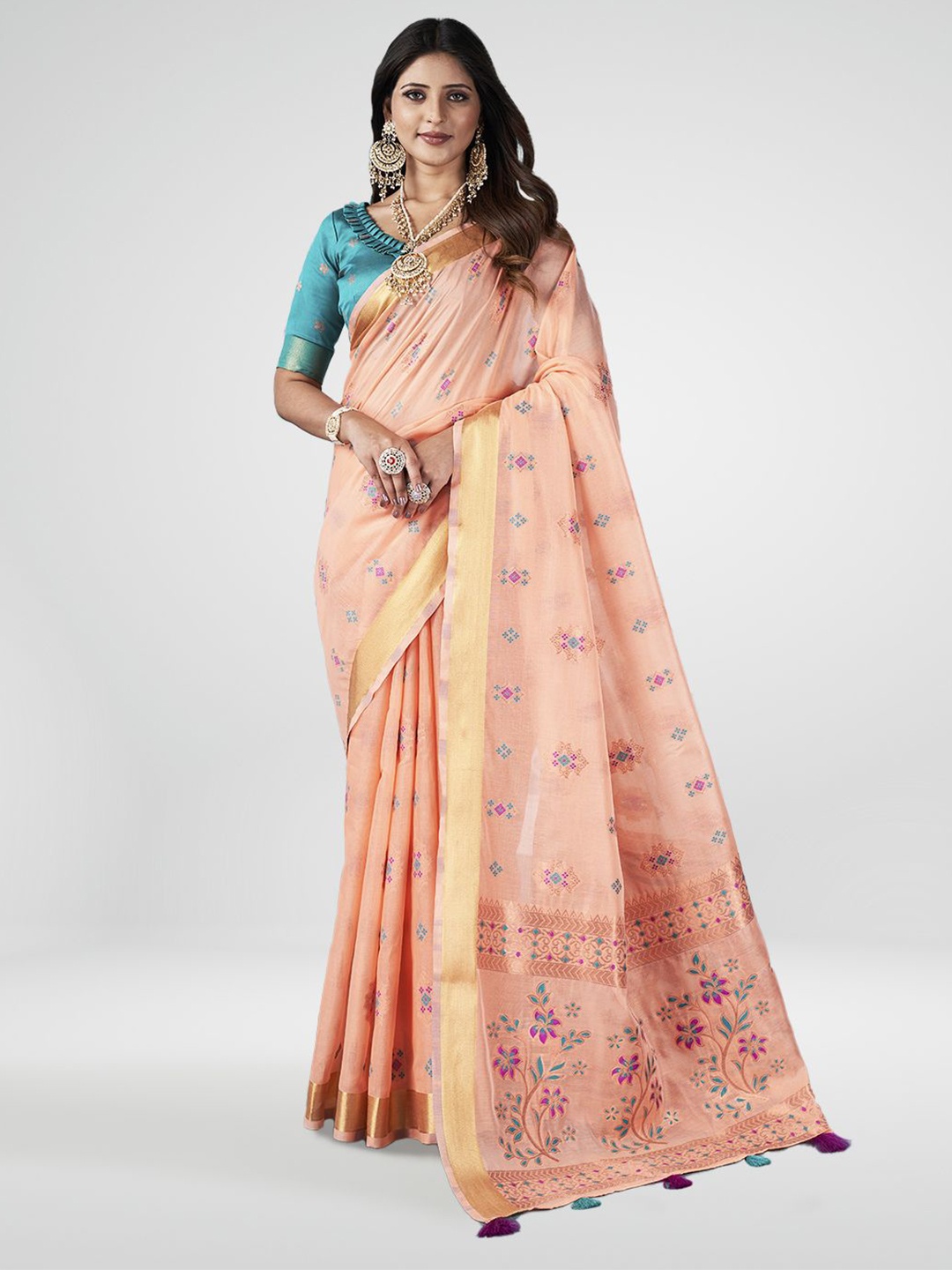 

Aura Ethnic Motifs Zari Woven Pure Cotton Saree, Peach