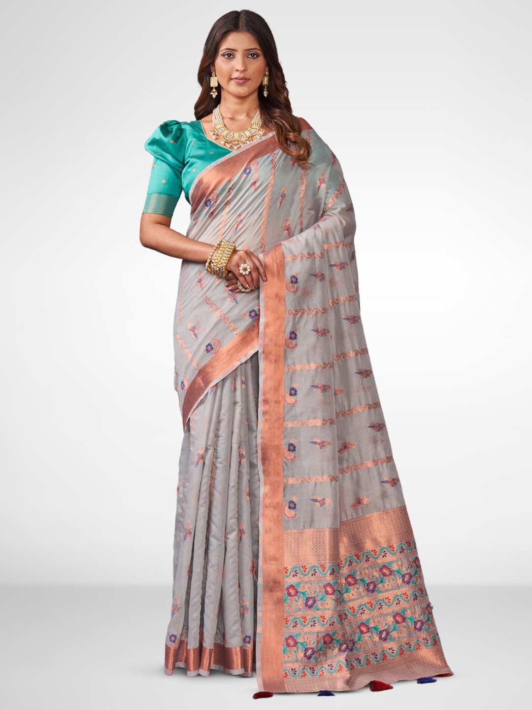 

Aura Ethnic Motifs Zari Pure Cotton Saree, Grey