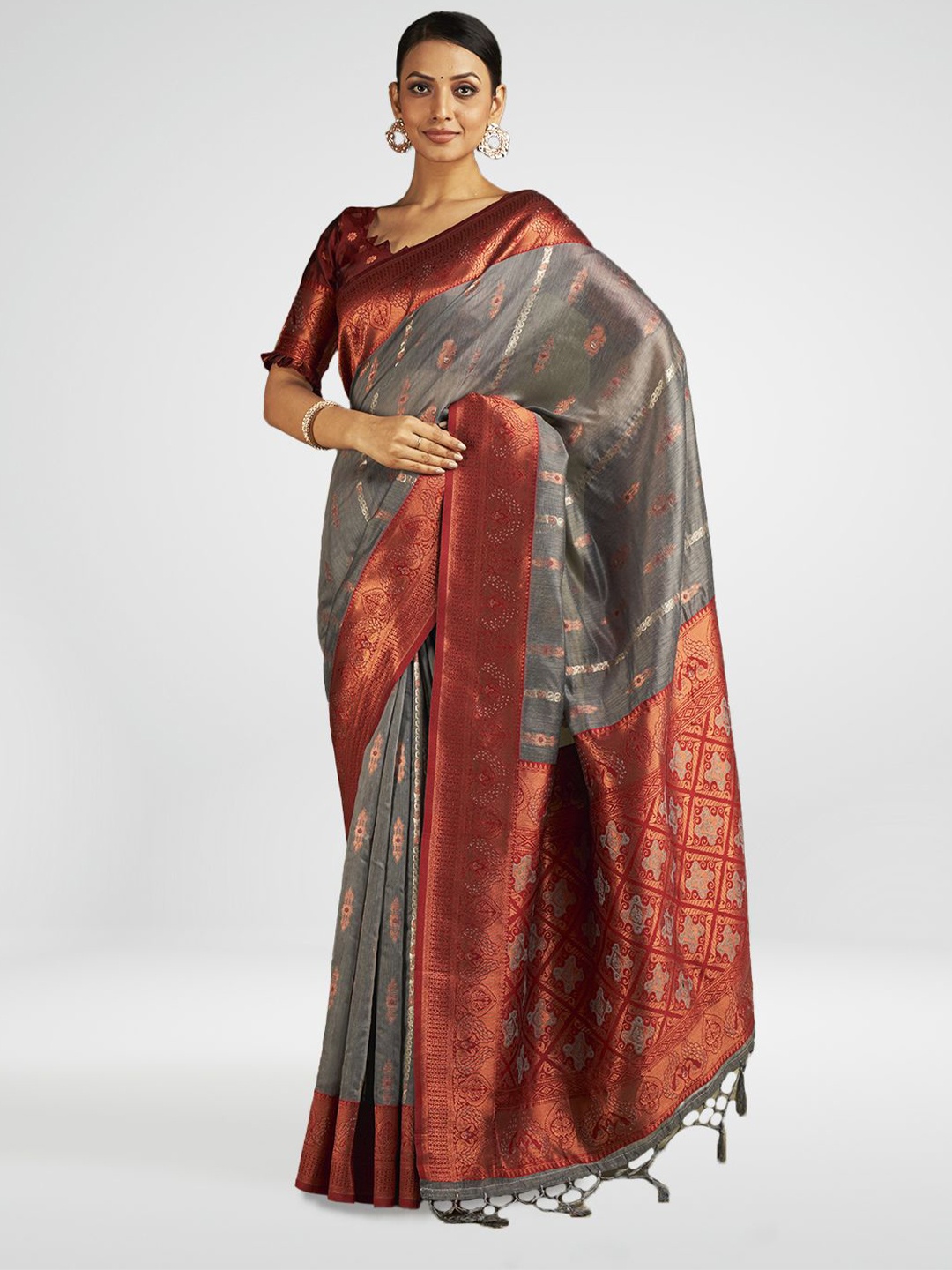 

Aura Zari Woven Pure Cotton Saree, Grey