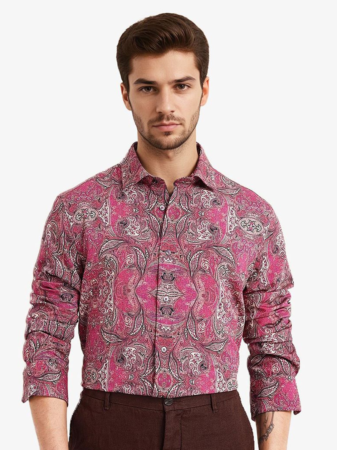

RARE RABBIT Men Comfort Scarf Printed Spread Collar Casual Shirt, Pink