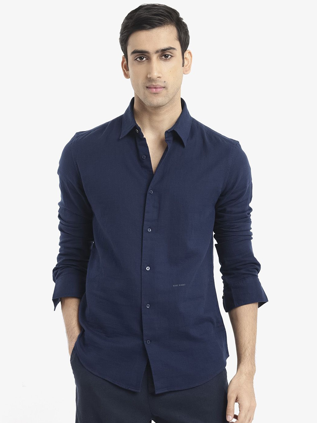

RARE RABBIT Men Comfort Solid Spread Collar Casual Shirt, Navy blue