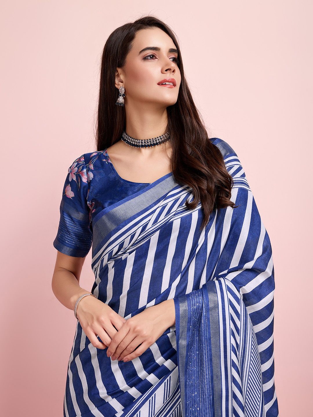 

Mitera Striped Sequinned Zari Woven Saree with Blouse, Navy blue