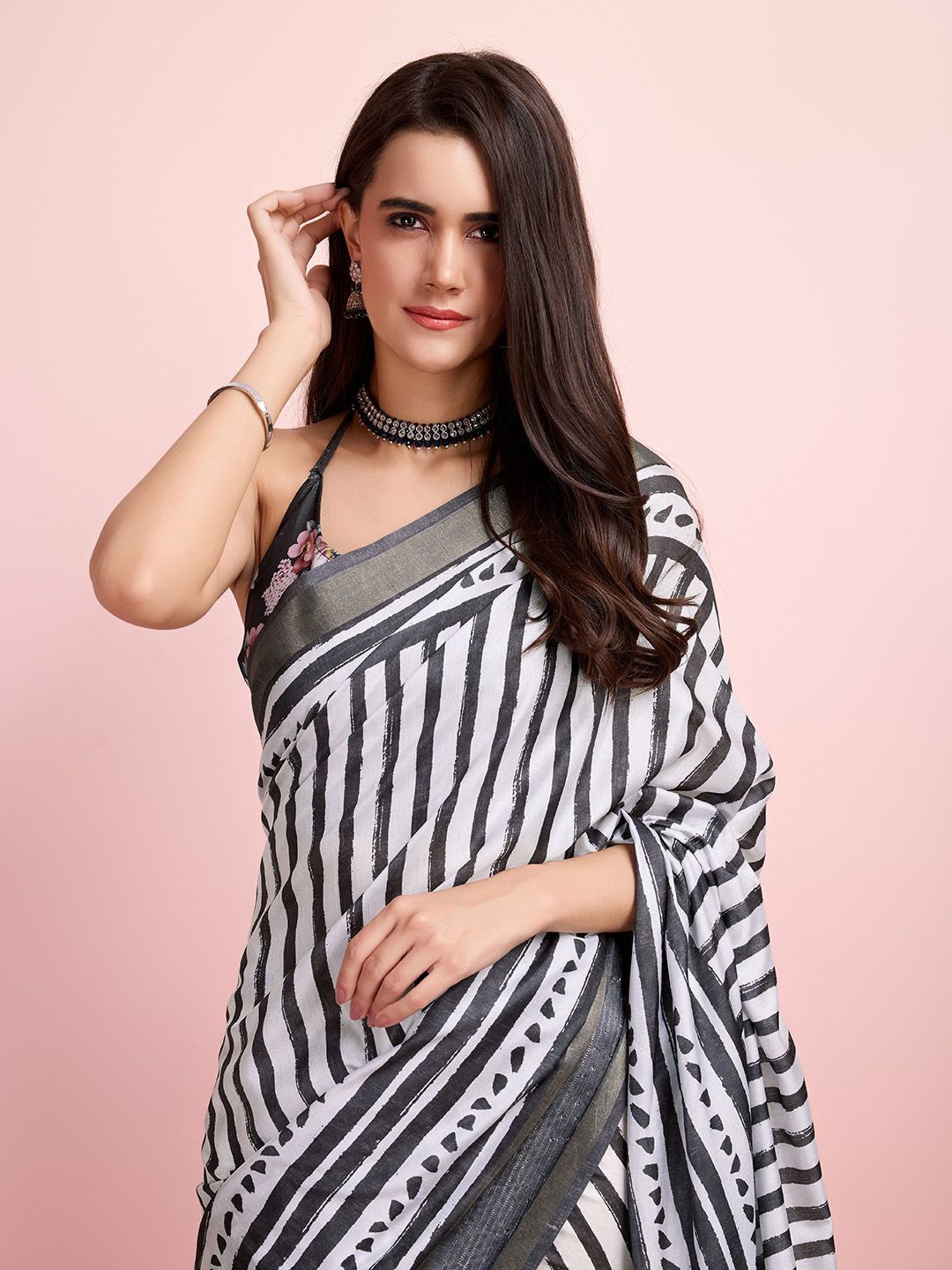 

Mitera Striped Sequinned Saree, Grey