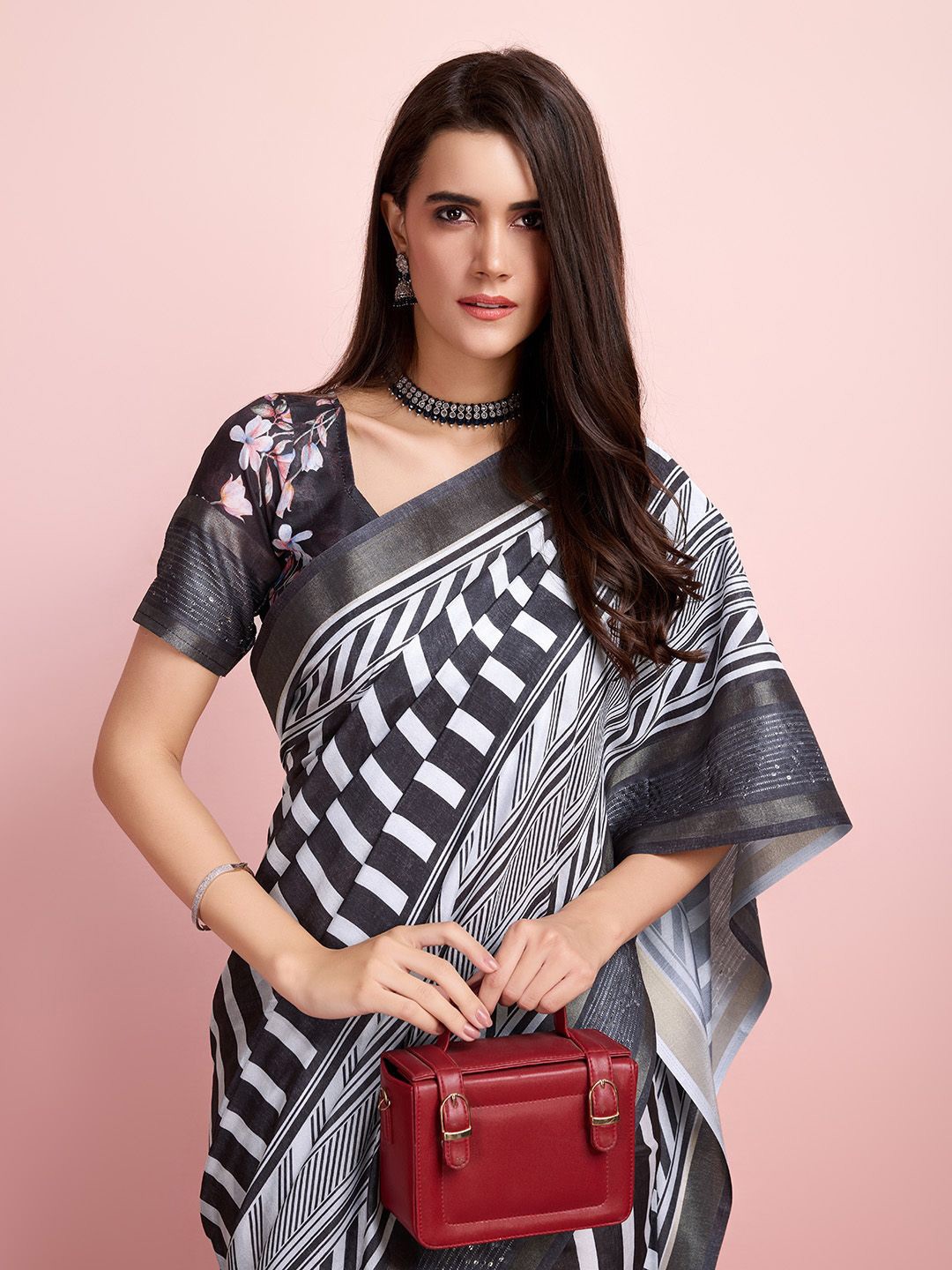 

Mitera Striped Sequinned Zari Woven Saree with Blouse, Black