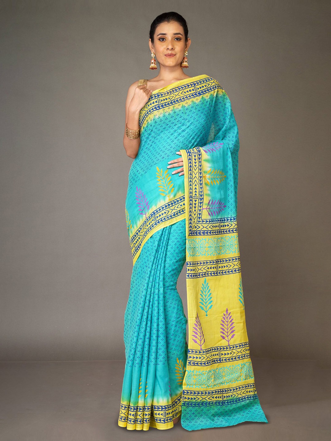 

Unnati Silks Ethnic Motifs Pure Cotton Handloom Block Print Saree, Blue