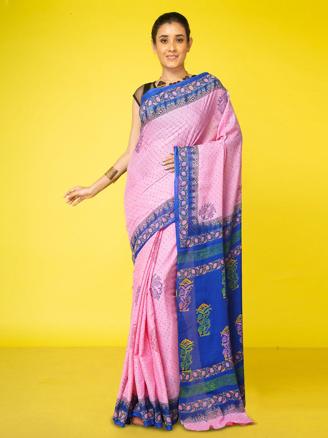 

Unnati Silks Ethnic Motifs Pure Cotton Handloom Block Print Saree, Pink