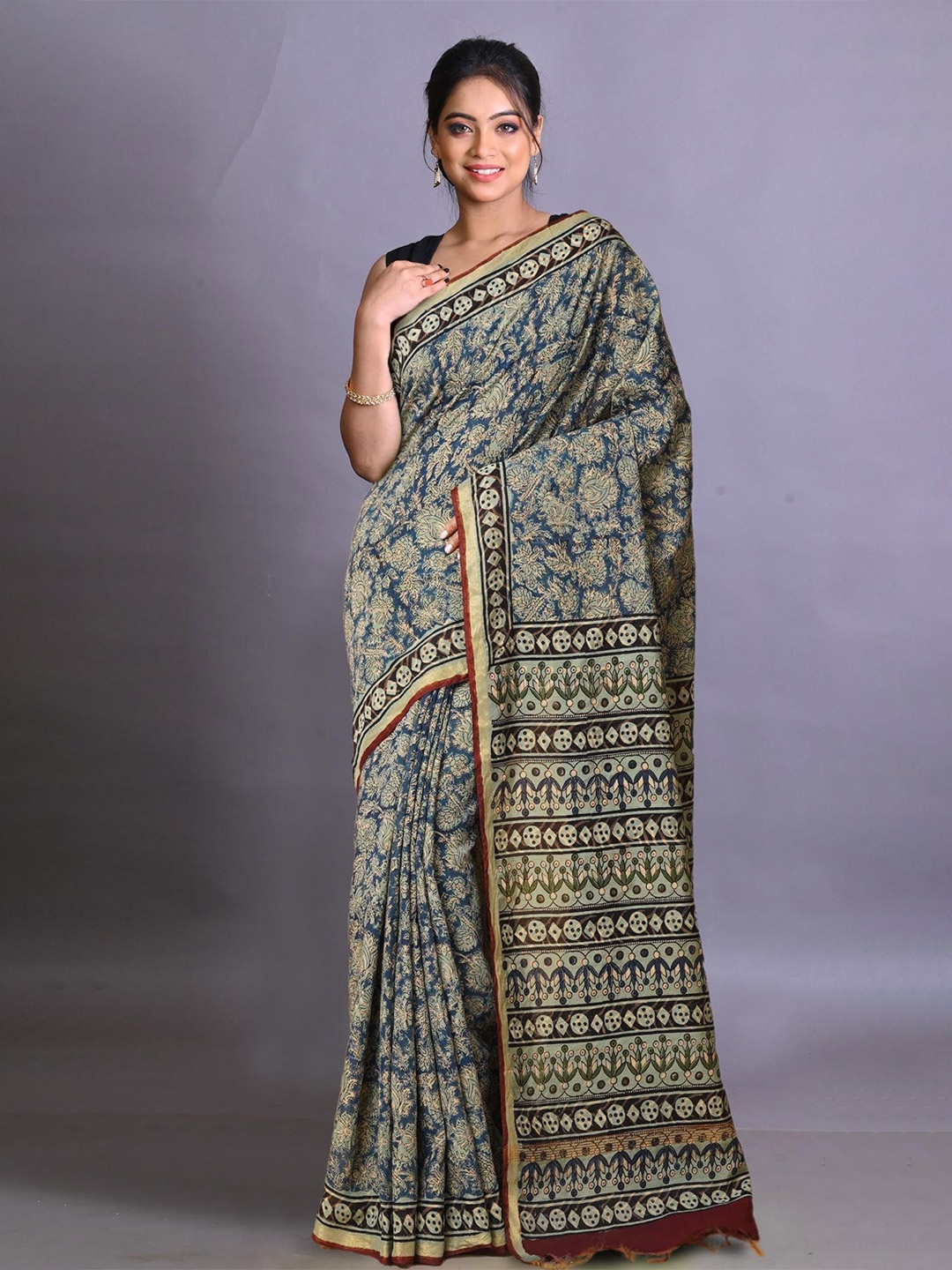 

Unnati Silks Bagru Silk Cotton Ethnic Motifs Zari Traditional Handloom Saree, Blue