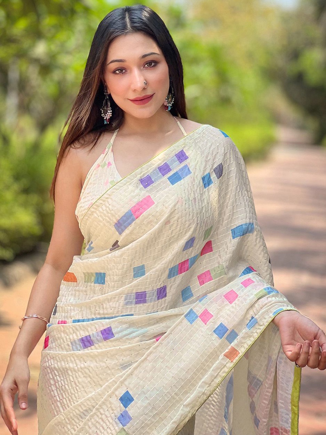

Mitera Sequinned Embroidered Satin Saree, Cream