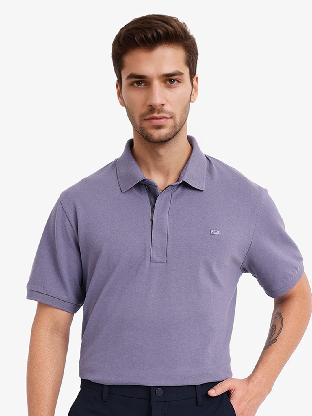 

RARE RABBIT Men Solid Polo Collar Cotton T-Shirt, Purple