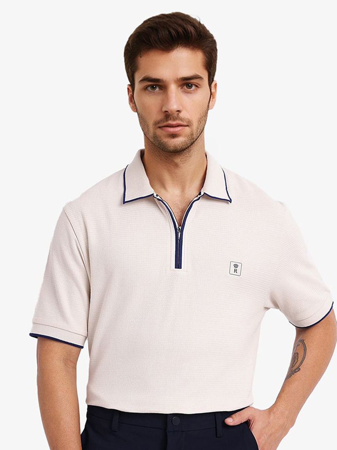 

RARE RABBIT Men Solid Polo Collar Cotton T-Shirt, Off white