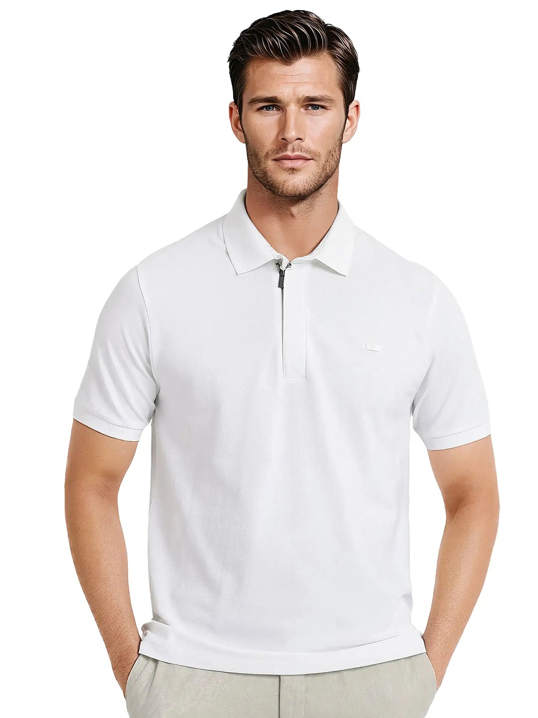 

RARE RABBIT Men Solid Polo Collar Cotton T-Shirt, White